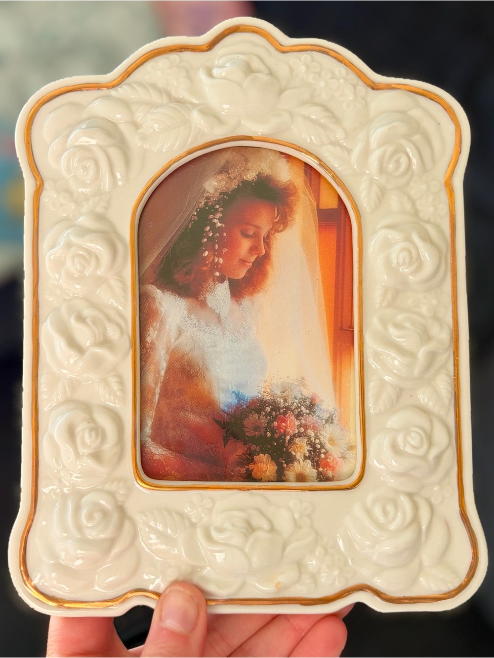 Cream Ceramic Rose Picture Frame with Gold Trim Vintage Piece